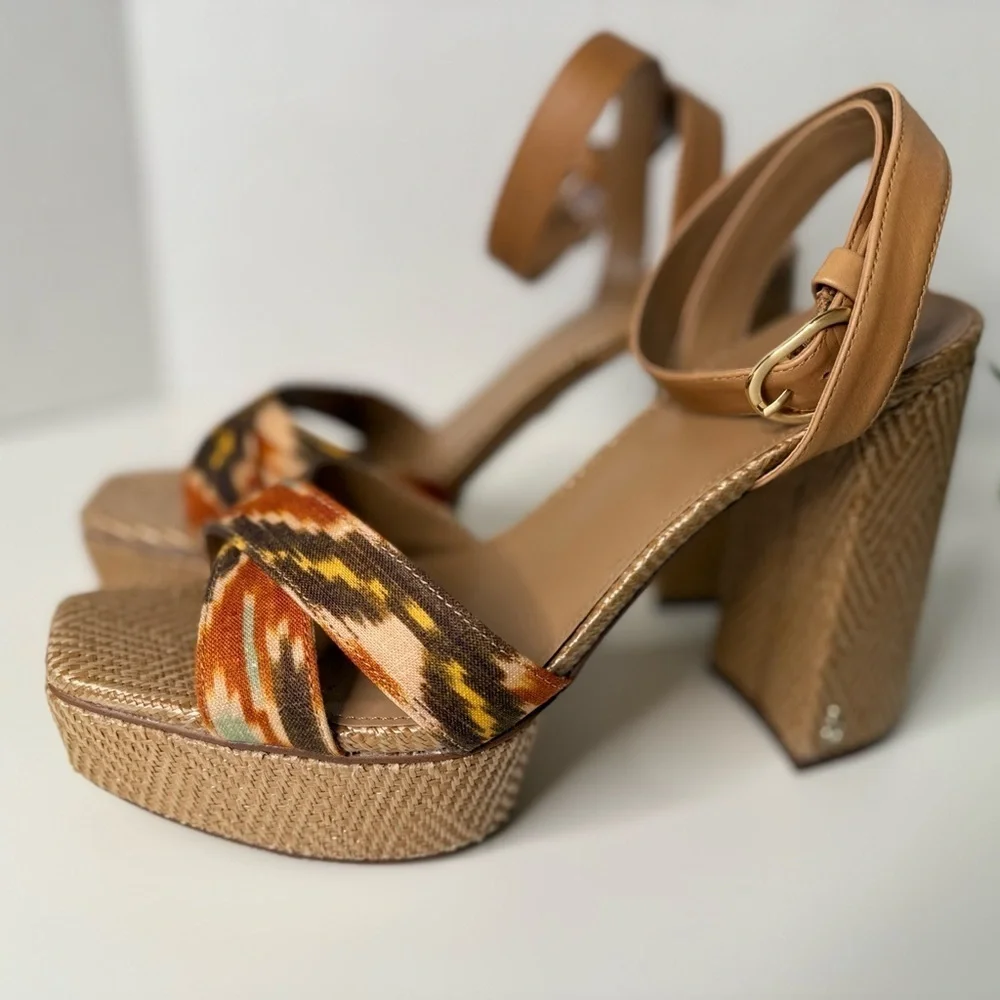 Sam Edelman Women's Nolita Raffia Platform Sandals Size 10.5M Leather Boho Print